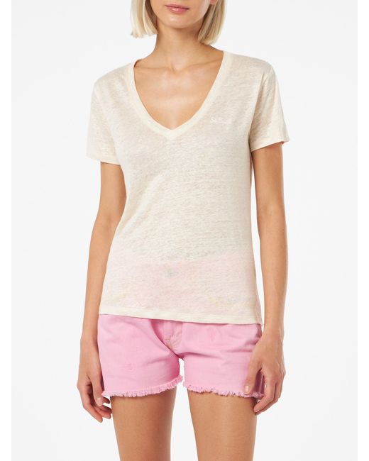 Mc2 Saint Barth White Linen Jersey Off- V-Neck T-Shirt Eloise