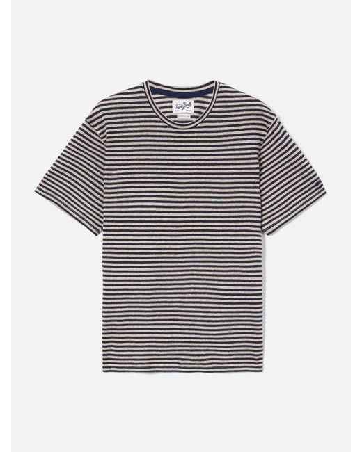 Mc2 Saint Barth Blue Striped Dover Cotton T-Shirt With Logo Embroidery for men