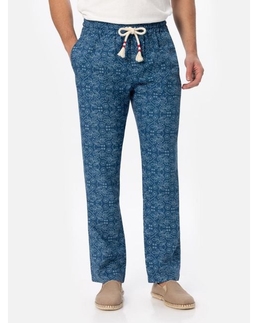 Mc2 Saint Barth Blue Printed Linen Calais Pants With Drawstring