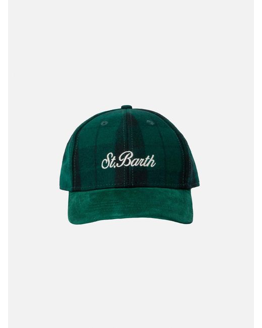 Mc2 Saint Barth Green Wool Tartan Ball Cap Baseball With Corduroy Visor And Embroidered Logo Hat