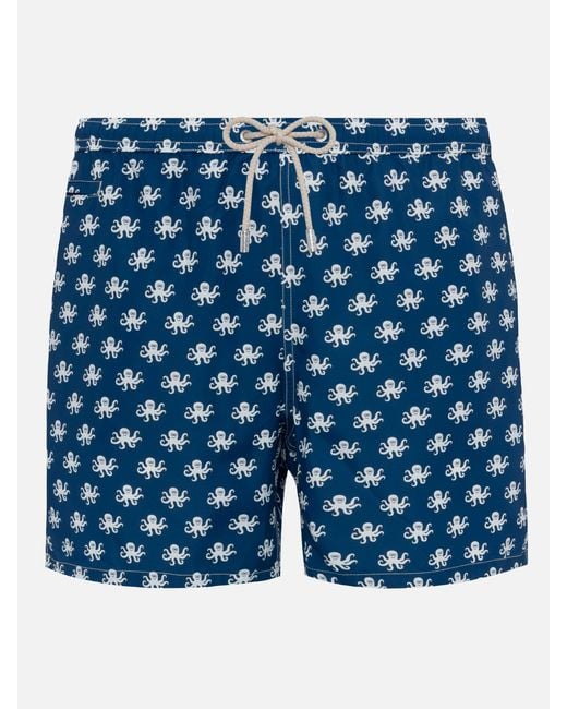 Mc2 Saint Barth Blue Lightweight Fabric Swim Shorts Lighting With Octopus Print Swimshort