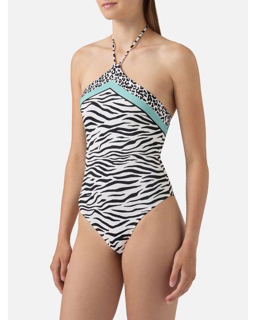 Mc2 Saint Barth Blue Meryem One-Piece Swimsuit With Zebra Animal Print One Piece