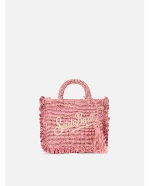 Mc2 Saint Barth Pink Volant Mini Raffia Bag With Embroidered Logo
