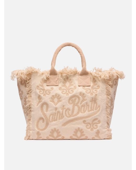 Mc2 Saint Barth Natural Canvas Vanity Regular Bag With Lily Tufting Embroidery