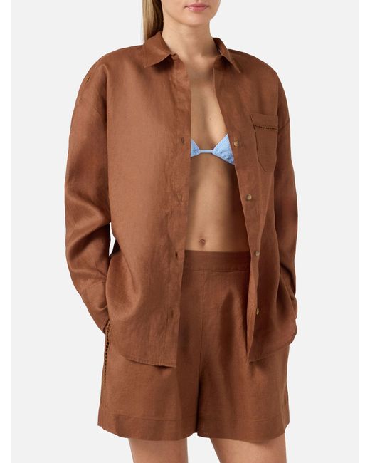 Mc2 Saint Barth Brown Linen Cristal Shirt With Perforated Saint Barth Embroidery