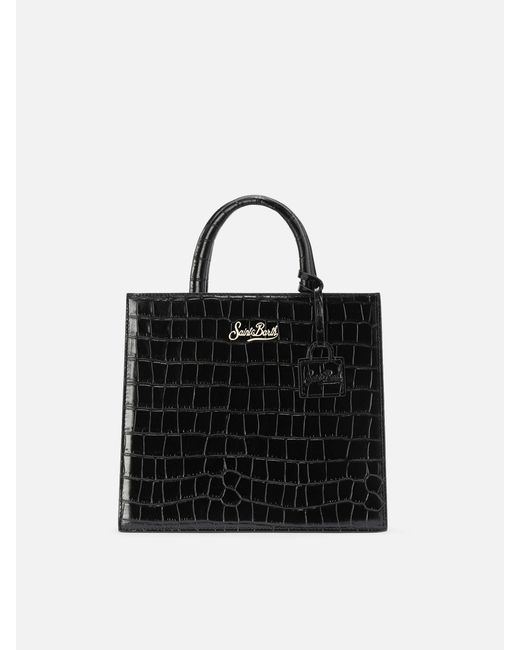 Mc2 Saint Barth Black Shop Bag Midi Handbag Crocodile-Print Leather