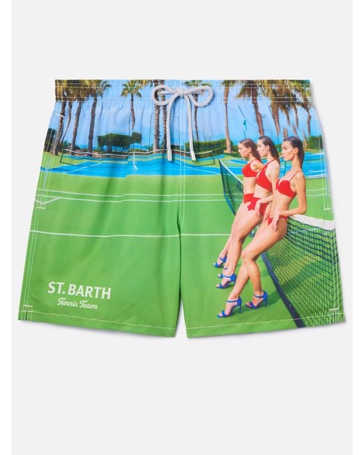 Mc2 Saint Barth Green Gustavia Swim Shorts With St. Barth Tennis Print for men