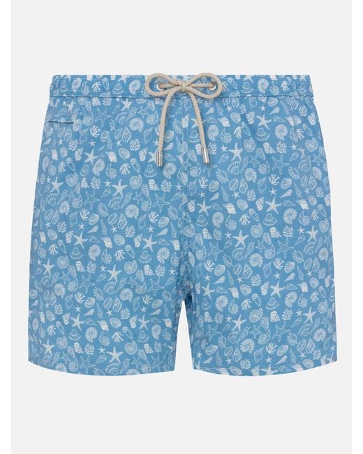 Mc2 Saint Barth Blue Comfort Light Swim Shorts With Tropical Shell Print Swimshort