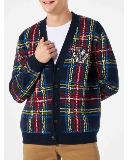 Mc2sb Blue Tartan Knitted Cardigan With Patch for men