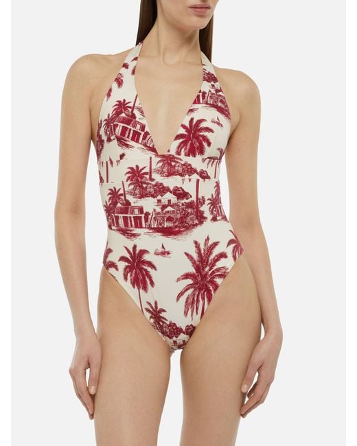 Mc2 Saint Barth Red Marylin One-Piece Swimsuit With Toile De Jouy Print