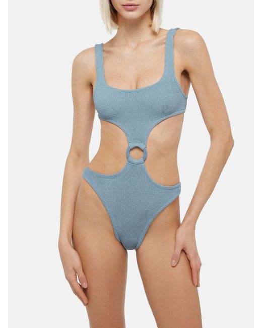 Mc2 Saint Barth Blue Laurel Crinkle Lurex Cut-Out One-Piece Swimsuit One Piece