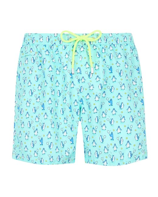 Mc2 Saint Barth Blue Lightweight Fabric Swim-Shorts Lighting Micro Fantasy With Penguins Print Swimshort