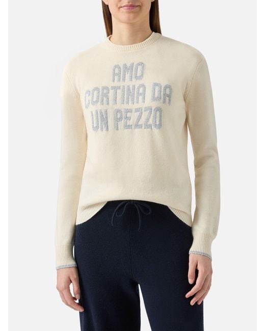 Mc2 Saint Barth White New Queen Crewneck With Amo Cortina Da Un Pezzo Lurex Jacquard