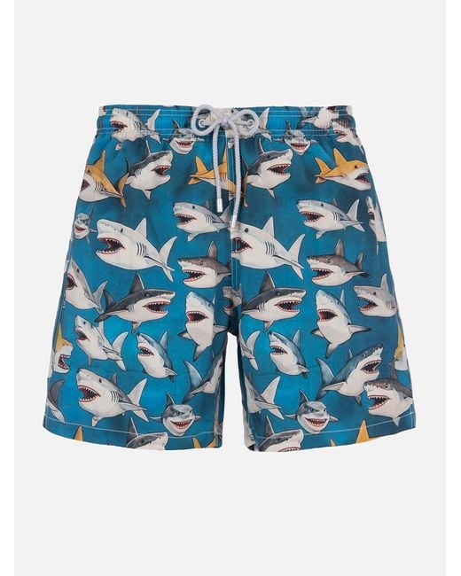 Mc2 Saint Barth Blue Mid-Length Gustavia Swim-Shorts With Shark Print