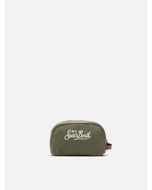 Mc2 Saint Barth Green Westwood Linen Beauty Bag With Embroidered Logo Pochette