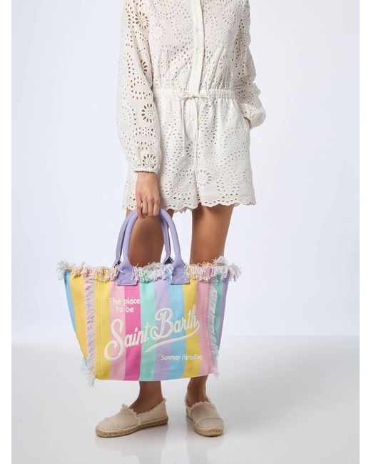 Mc2 Saint Barth White Striped Cotton Canvas Vanity Tote Bag
