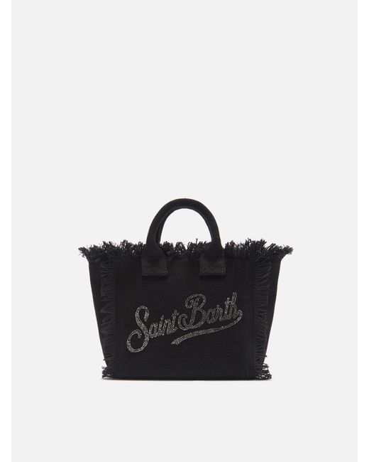 Mc2 Saint Barth Black Canvas Vanity Mini Bag With Rhinestone Logo