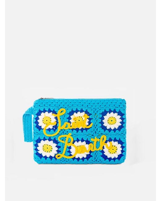 Mc2 Saint Barth Blue Parisienne Crochet Pouch Bag With Daisy Embroidery Pochette