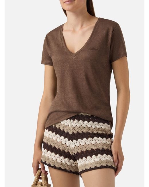 Mc2 Saint Barth Brown Linen Eloise T-Shirt With Embroidered Logo