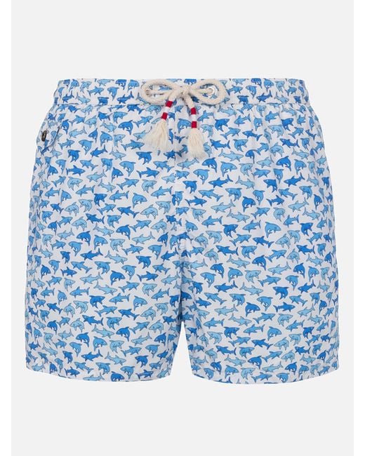 Mc2 Saint Barth Blue Lightweight Fabric Swim-Shorts Lighting 70 With Shark Print Swimshort
