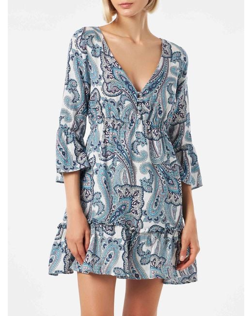 Mc2 Saint Barth Blue Hemil Linen Short Dress With Paisley Print