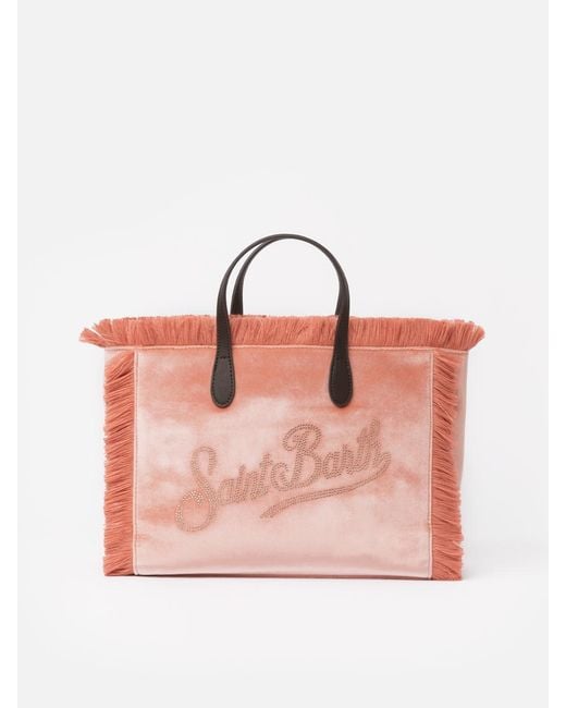 Mc2 Saint Barth Pink Velvet Colette Handbag With Rhinestones Logo Bag