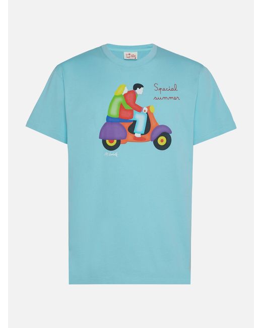 Mc2 Saint Barth Blue Cotton T-Shirt With Lodola Scooter Print for men