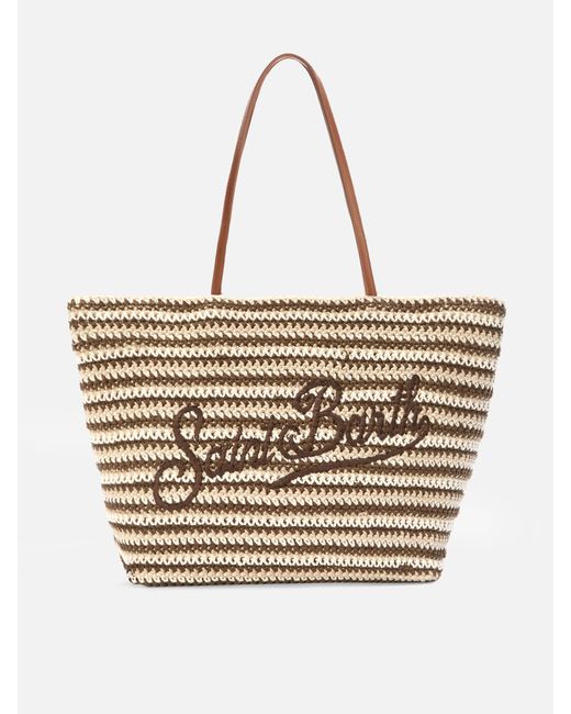 Mc2 Saint Barth White Crochet Tote Bag And Stripes With Embroidered Logo