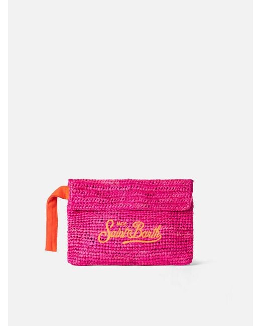 Mc2 Saint Barth Pink Raffia Fuchsia Pouch Bag With Saint Barth Embroidery