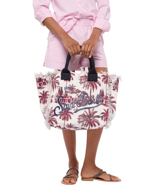Mc2 Saint Barth Pink Cotton Canvas Vanity Tote Bag With Toile De Jouy Print