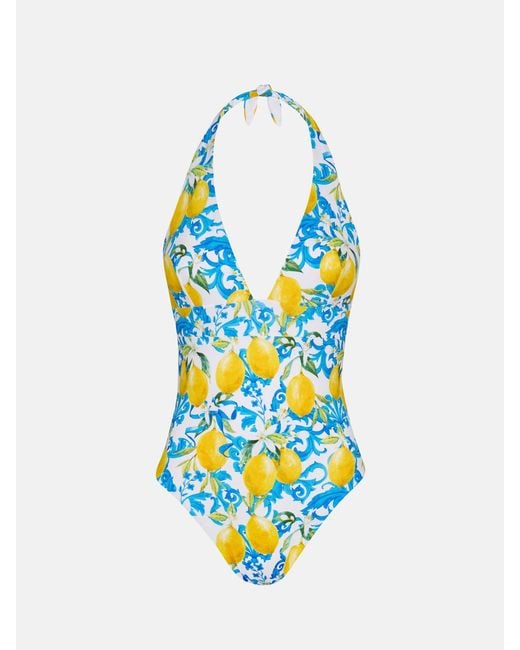 Mc2 Saint Barth Blue Marylin One-Piece Swimsuit With Majolica Print One Piece