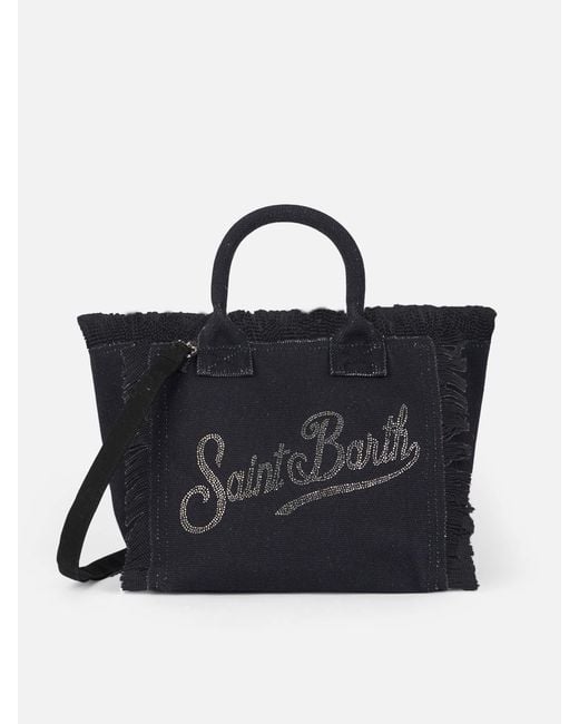 Mc2 Saint Barth Black Cotton Canvas Colette Handbag With Rhinestones __Single__ Bag