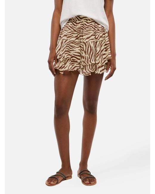 Mc2 Saint Barth Natural Eivissa Ruffled Mini Skirt Lurex Silk Voile With Animalier Print