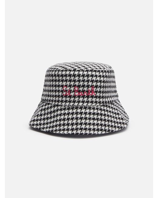 Mc2 Saint Barth White Bucket Hat Jude With Pied De Poule Print