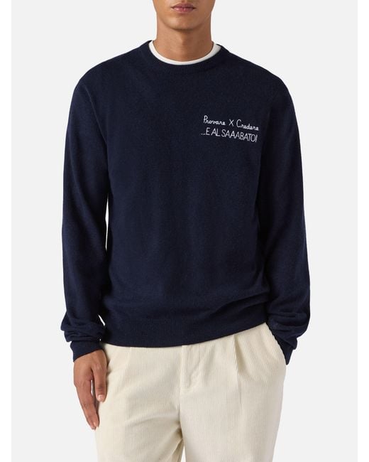Mc2 Saint Barth Blue Crewneck Sweater Heron Light With Provare Per Credere! Embroidery