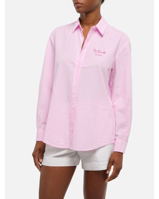 Mc2 Saint Barth Pink Brigitte Striped Seersucker Shirt With Snoopy Print __Single__