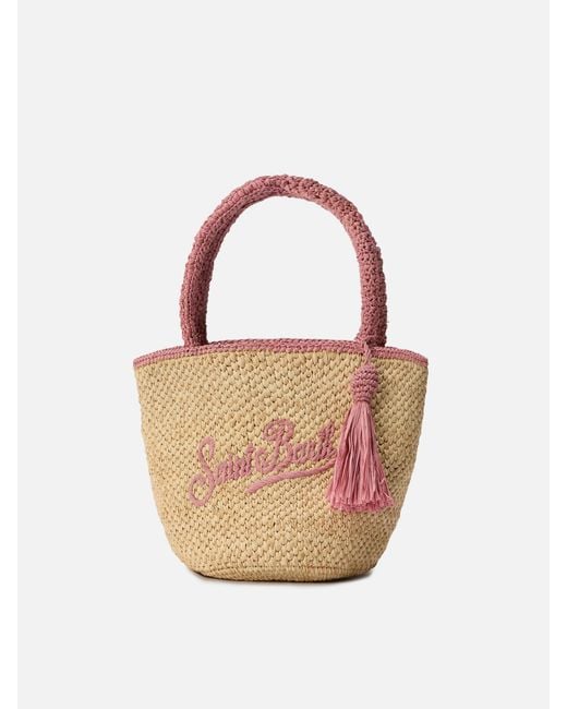 Mc2 Saint Barth Pink Marcy Medium Raffia Bag With Details And Embroidered Logo