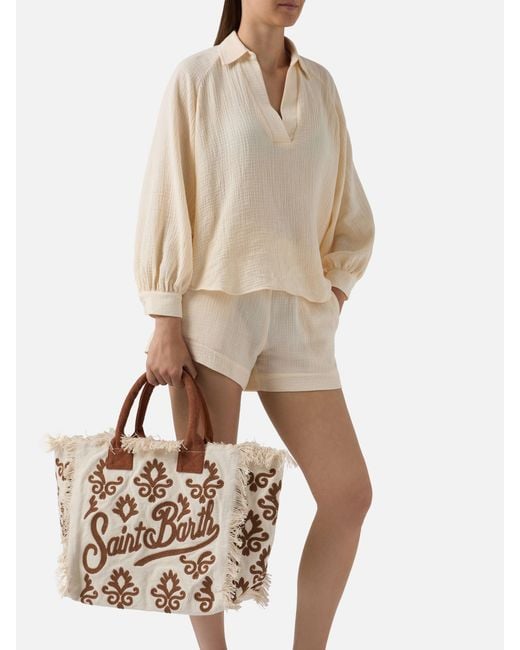 Mc2 Saint Barth Natural Canvas Vanity Regular Bag With Lily Tufting Embroidery