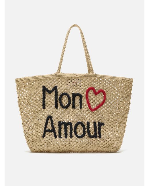 Mc2 Saint Barth Natural Mon Amour Jute Bag With Handcrafted Embroidery