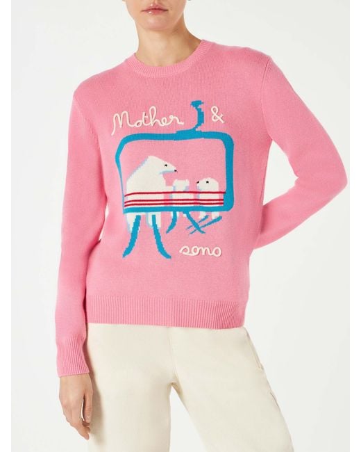 Mc2 Saint Barth Pink New Queen Sweater With Bears Embroidery And Mother & Sons Lettering
