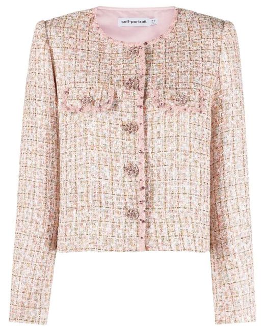 Self-Portrait Pink Boucle Cropped Jacket | Lyst