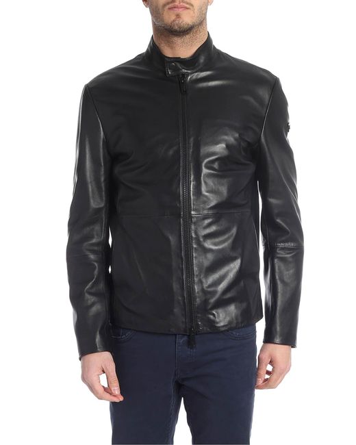 Emporio Armani Black Leather Outerwear Jacket in Black for Men - Lyst