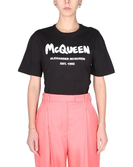 Alexander McQueen Black T-shirt With Graffiti Logo Print
