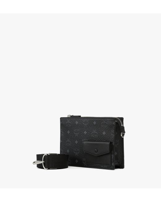 MCM Black Aren Standing Crossbody Pouch In Visetos for men