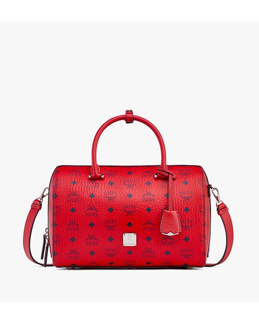 MCM Leather Essential Boston Bag In Visetos Original in Candy Red (Red ...