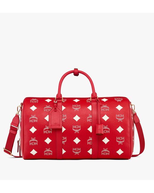 MCM Red Ottomar Weekender Bag In Maxi Visetos