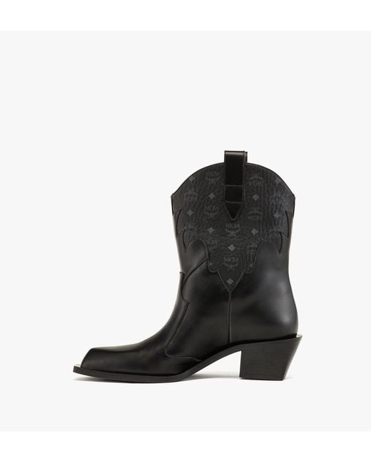 MCM Cyber Cowboy Boots In Visetos Leather Mix in Black | Lyst