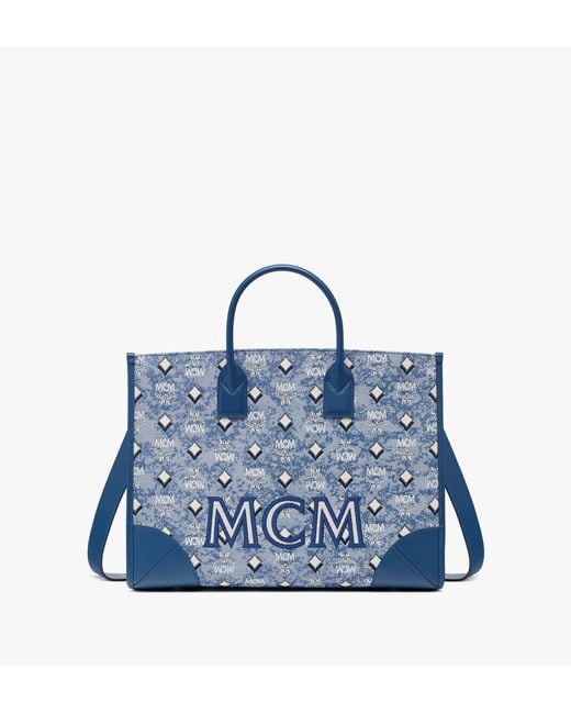 MCM Leather München Tote In Vintage Monogram Jacquard in Blue | Lyst