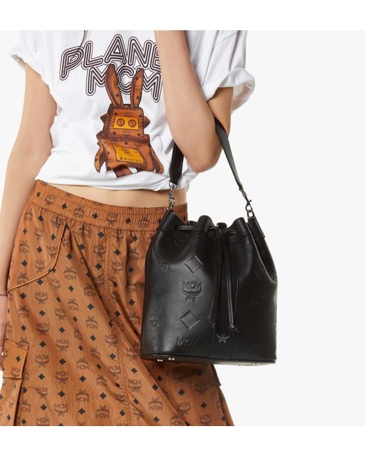 MCM Black Dessau Drawstring Bag In Maxi Monogram Leather