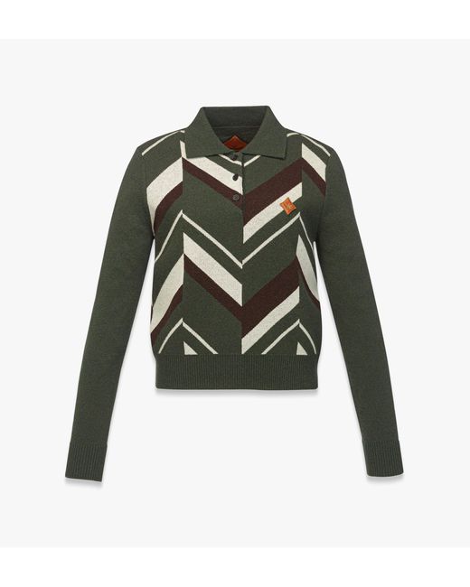 MCM Green Mega Herringbone Polo Sweater In Wool Jacquard